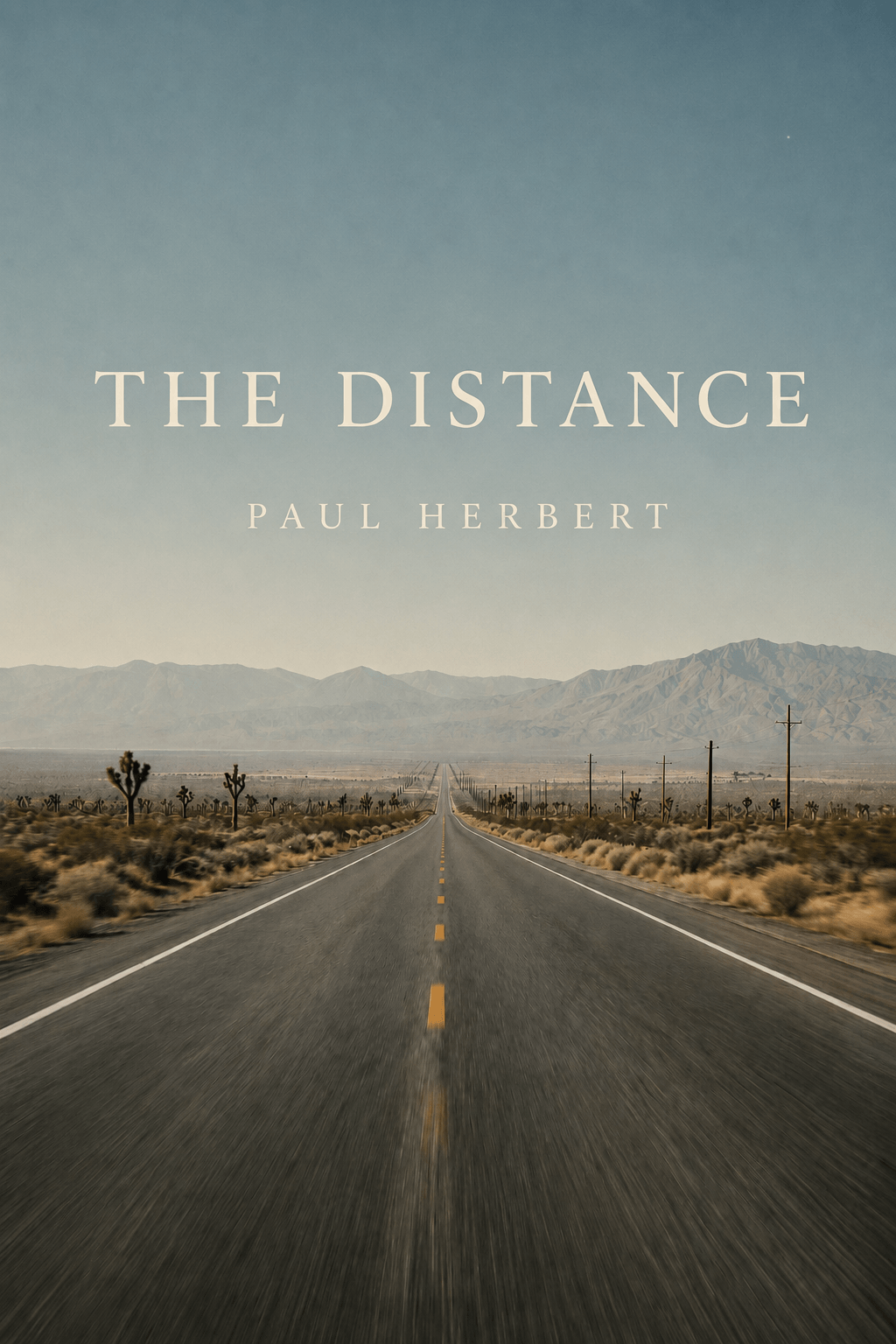 The Distance — the book cover. A desert highway under a pale sky, with Jupiter as a faint point of light. Cream serif typography: THE DISTANCE, Paul Herbert.