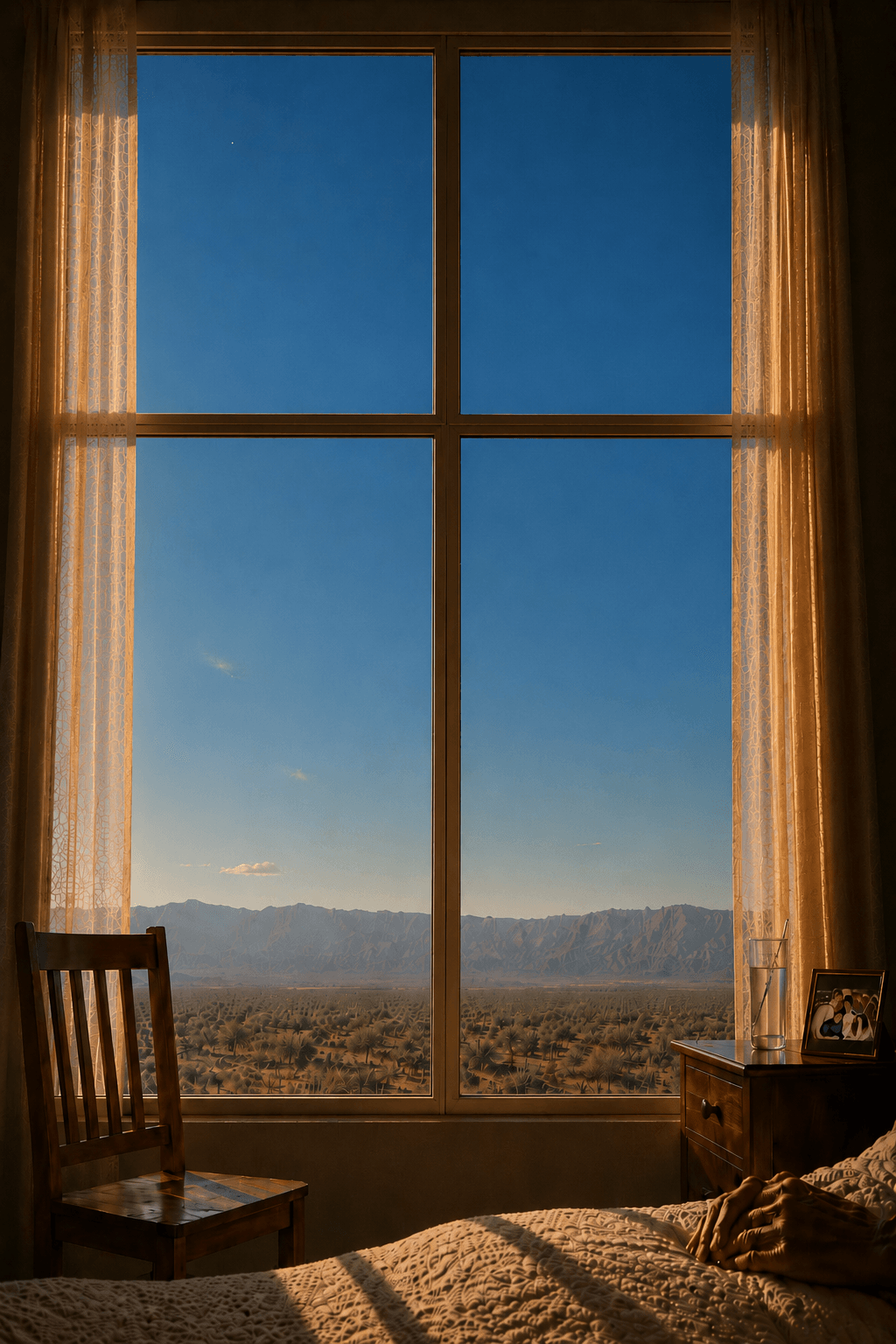 A four-paned window looking out onto a clear blue sky.